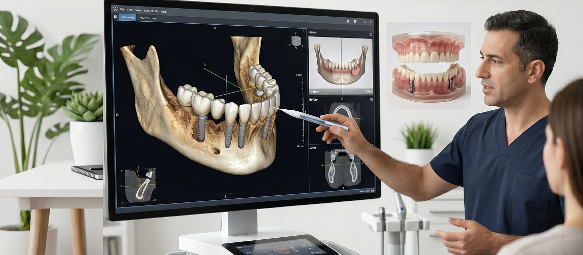 צילום מסך של אתר מרפאת 'One Dental', המציג רופא שיניים מומחה המצביע בעט דיגיטלי על מסך מחשב גדול המראה הדמיה תלת-ממדית מפורטת של לסת ושתלים דנטליים, תוך מתן הסבר למטופלת היושבת מולו. לידם מונח דגם פיזי של לסת. הכותרת על התמונה היא 'רופא שיניים שיקום הפה' עם כותרת המשנה 'פתרונות מתקדמים לחידוש החיוך והתפקוד'.