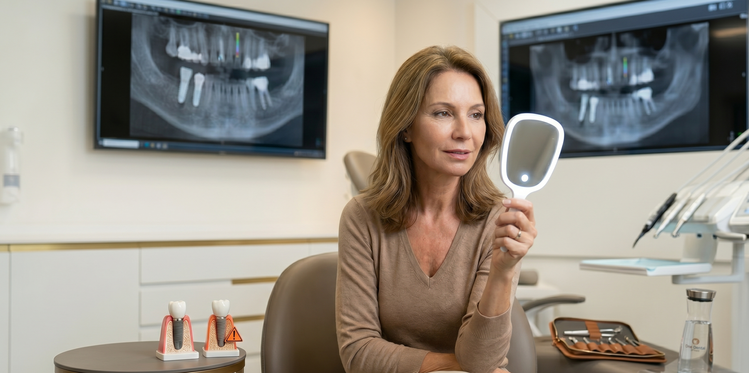 אישה מסתכלת במראה במפראת One Dental לאחר טיפול של דחיית שתל בשיניים
