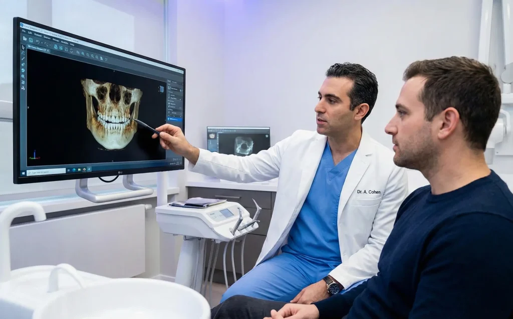 רופא שיניים של מרפאת One Dental מסביר למטופל שיושב לידו את התהליך של אבחון נגעים בחלל הפה על צג מחשב